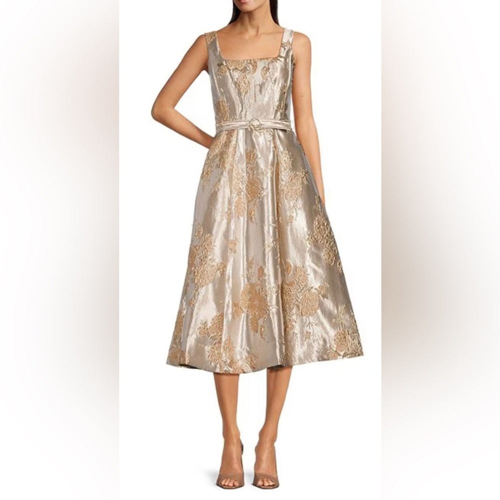 Taylor Metallic gold floral Jacquard Sleeveless Fit & Flare Midi Dress size‎ 10